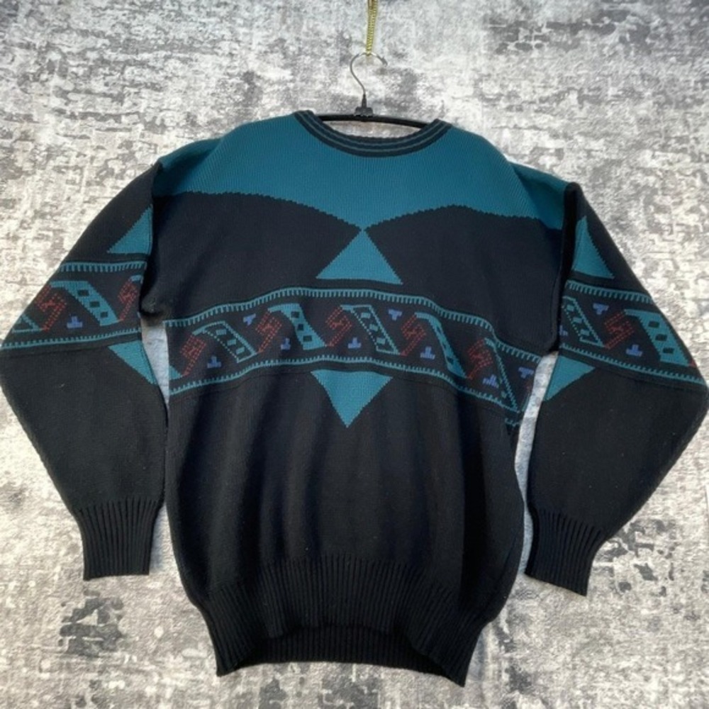 Vtg Michael Gerald Mens L Sweater 90s Geometric Teal Black Acrylic Colorblock